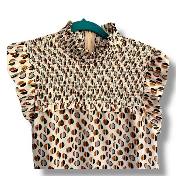 THML Anthropologie Smocked Cream Geometric Pattern Blouse Ruffle Sleeve Size L - Picture 6 of 8